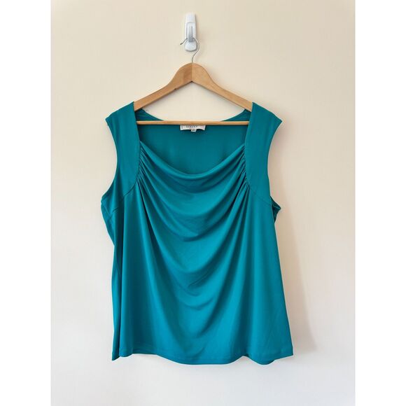 Kasper Tops - Kasper Sleeveless Waterfall Neckline Blouse in Teal 2X
